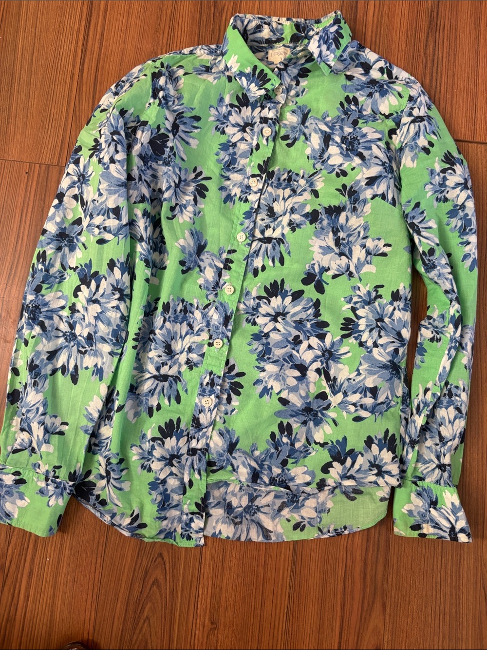 J. Crew Green Floral Button-Down Shirt with Blue & White Blooms